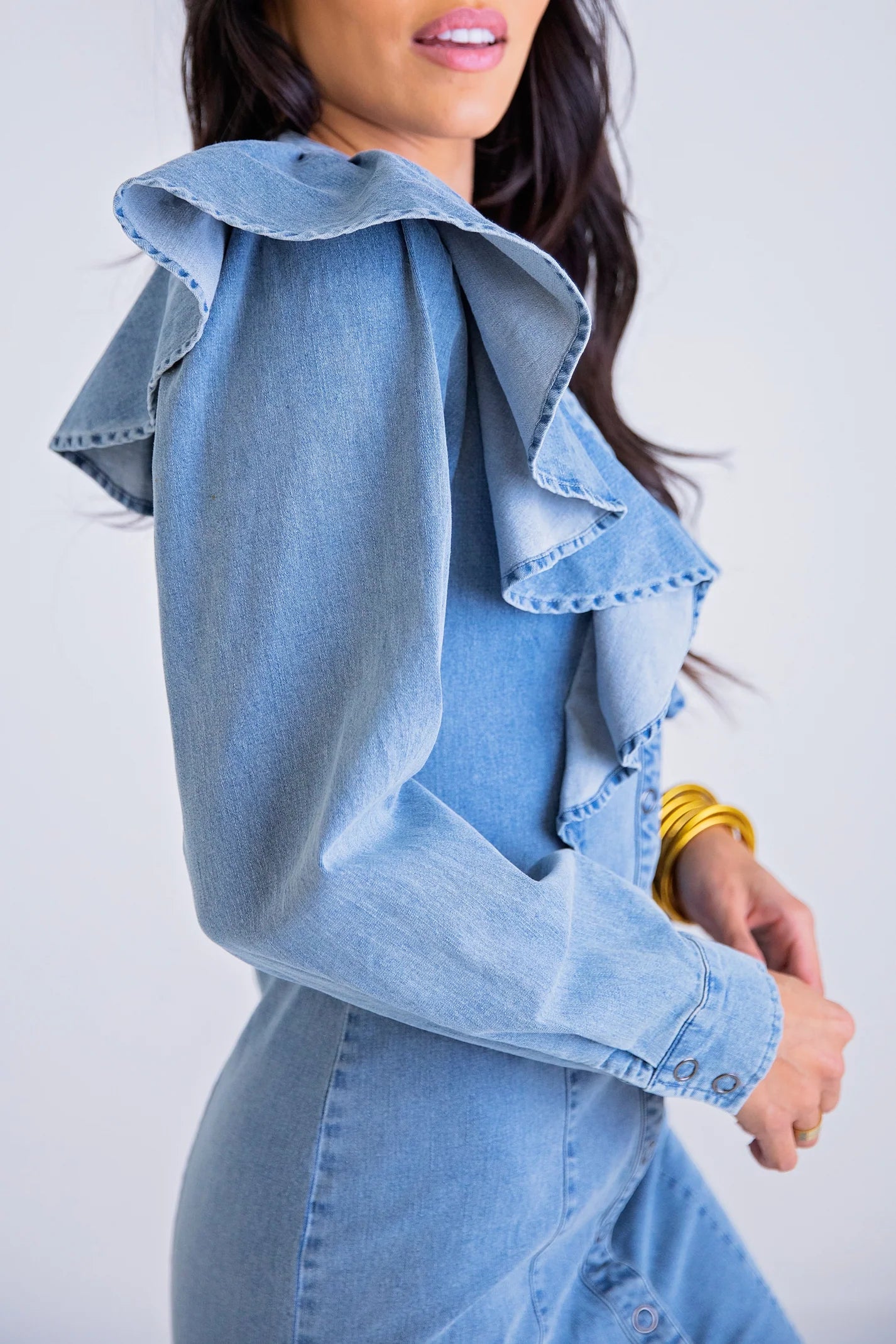 DENIM RUFFLE BUTTON MINI DRESS