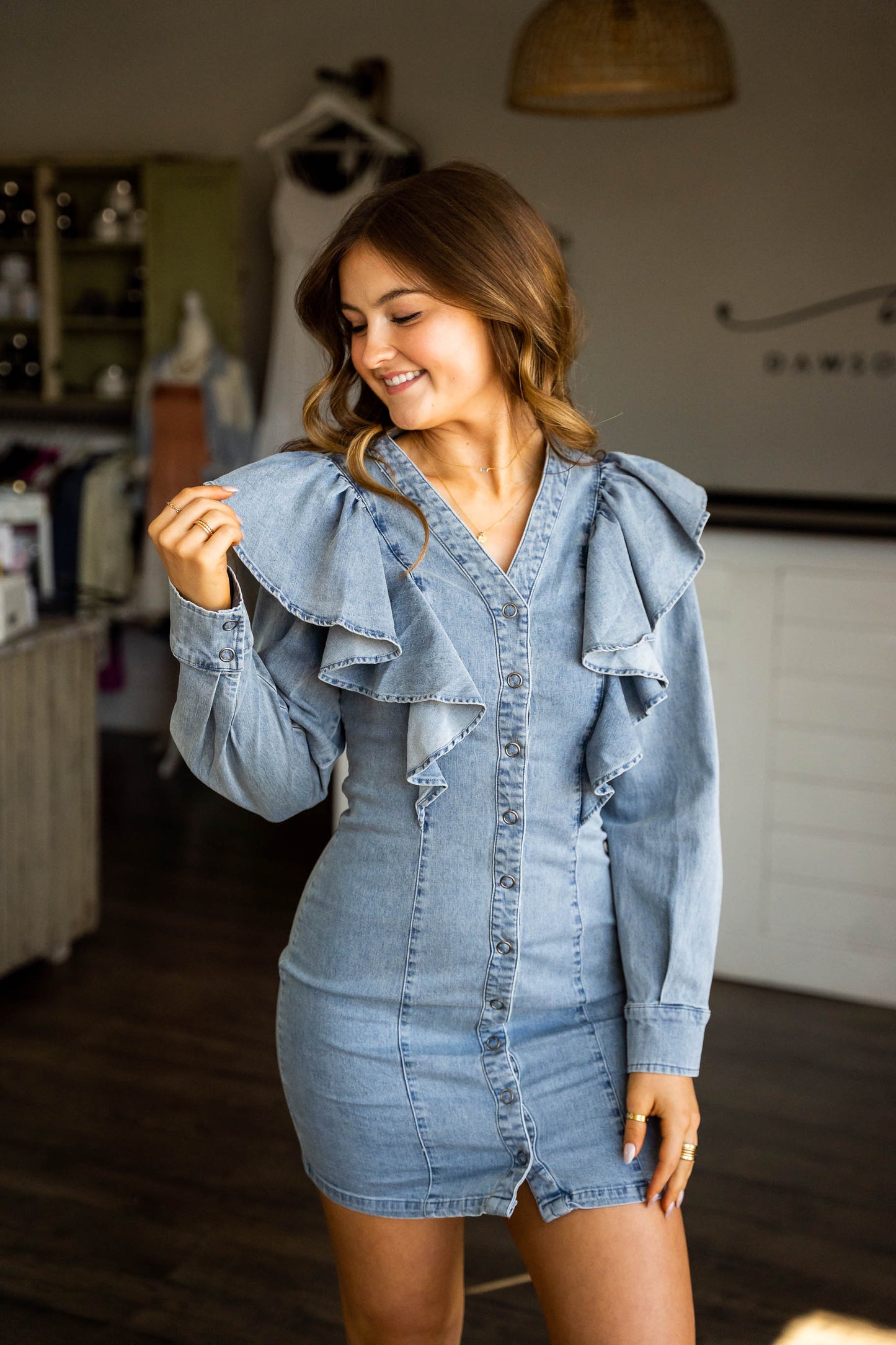 DENIM RUFFLE BUTTON MINI DRESS