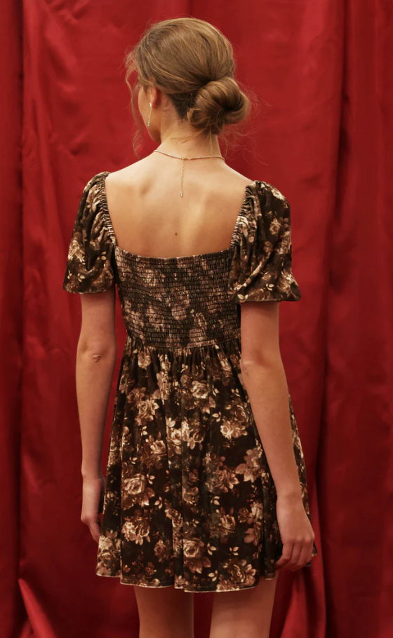 FLORAL VELVET PUFF DRESS